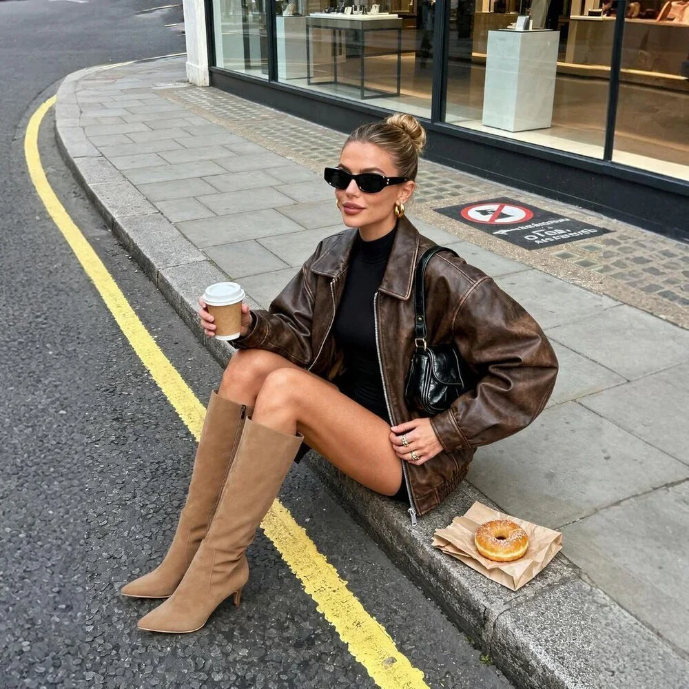 Women's Tan Suede Tall Boots Pointed Toe Kitten Heel Side Zipper Knee High Boots